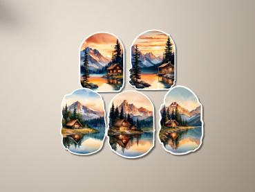 Preview: 5 Berghütten am See bei Sonnenuntergang Sticker Set Preview: 5 Berghütten am See bei Sonnenuntergang Sticker Set